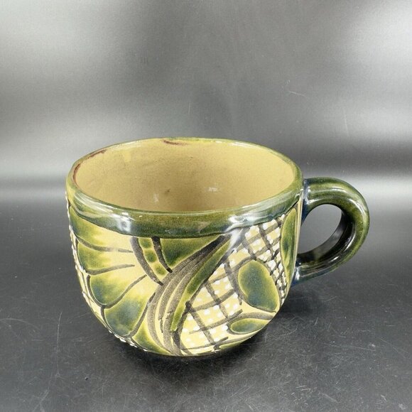 Vintage Mexico Pottery Talavera Large Oversize Coffee Mug Cup Green Glazed VTG - Picture 15 of 15